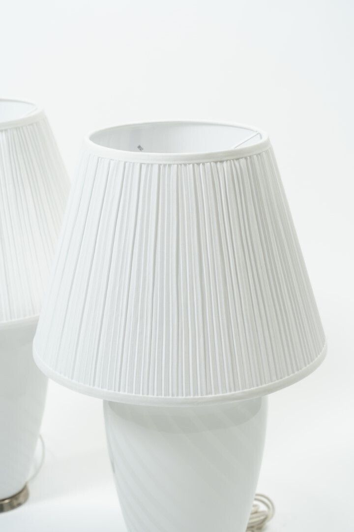 Pair Of White Murano Glass Table Lamps With Pleated Textile Shades photo for sale