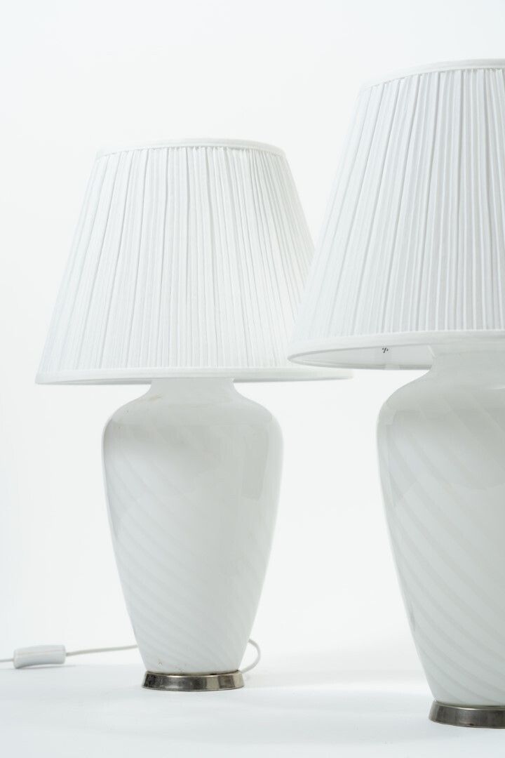 Pair Of White Murano Glass Table Lamps With Pleated Textile Shades photo Lighting
