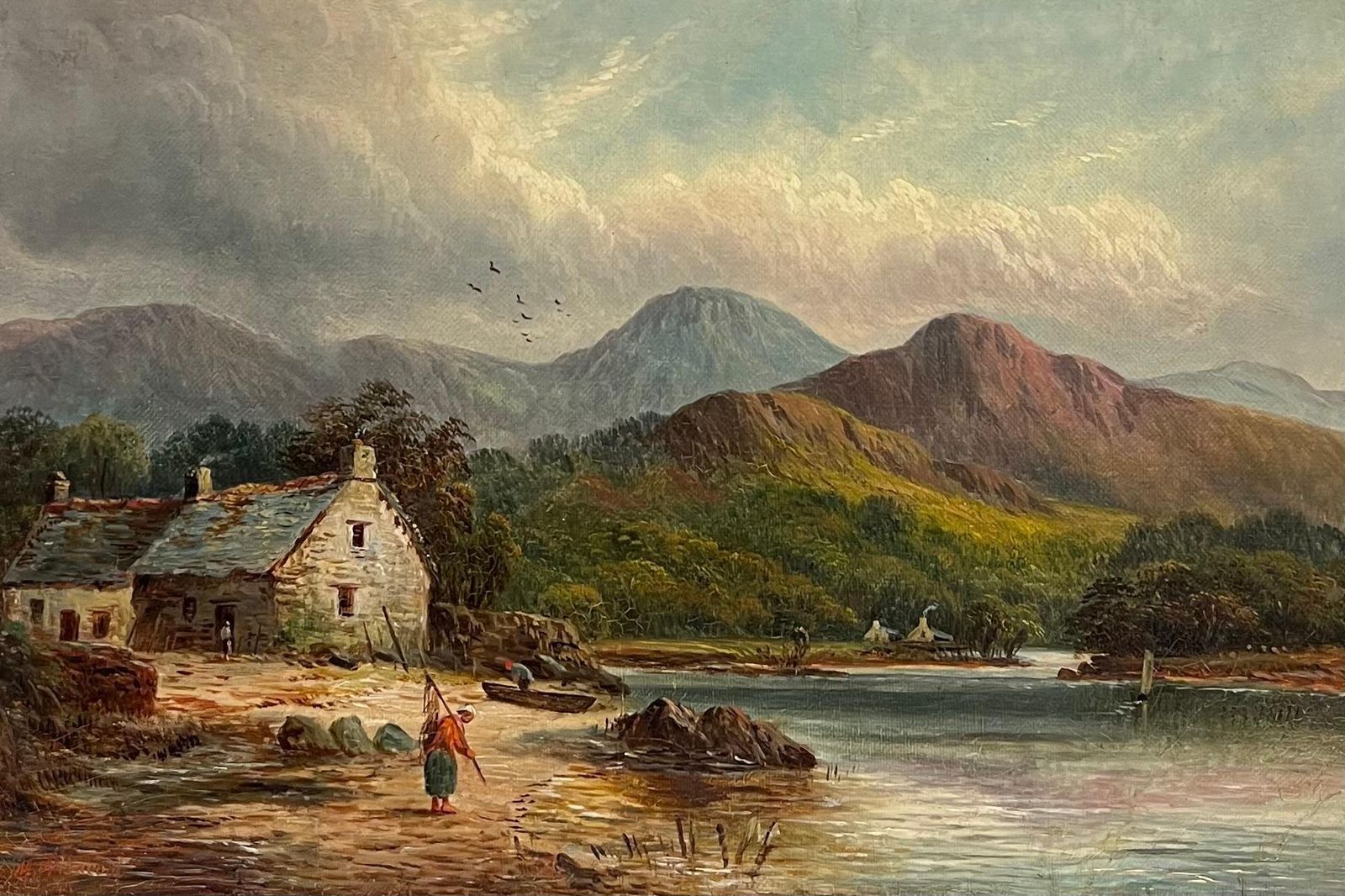 British School Victorian Signed Oil Painting Figure By Highland Cottage & Loch In Mountains photo furniture
