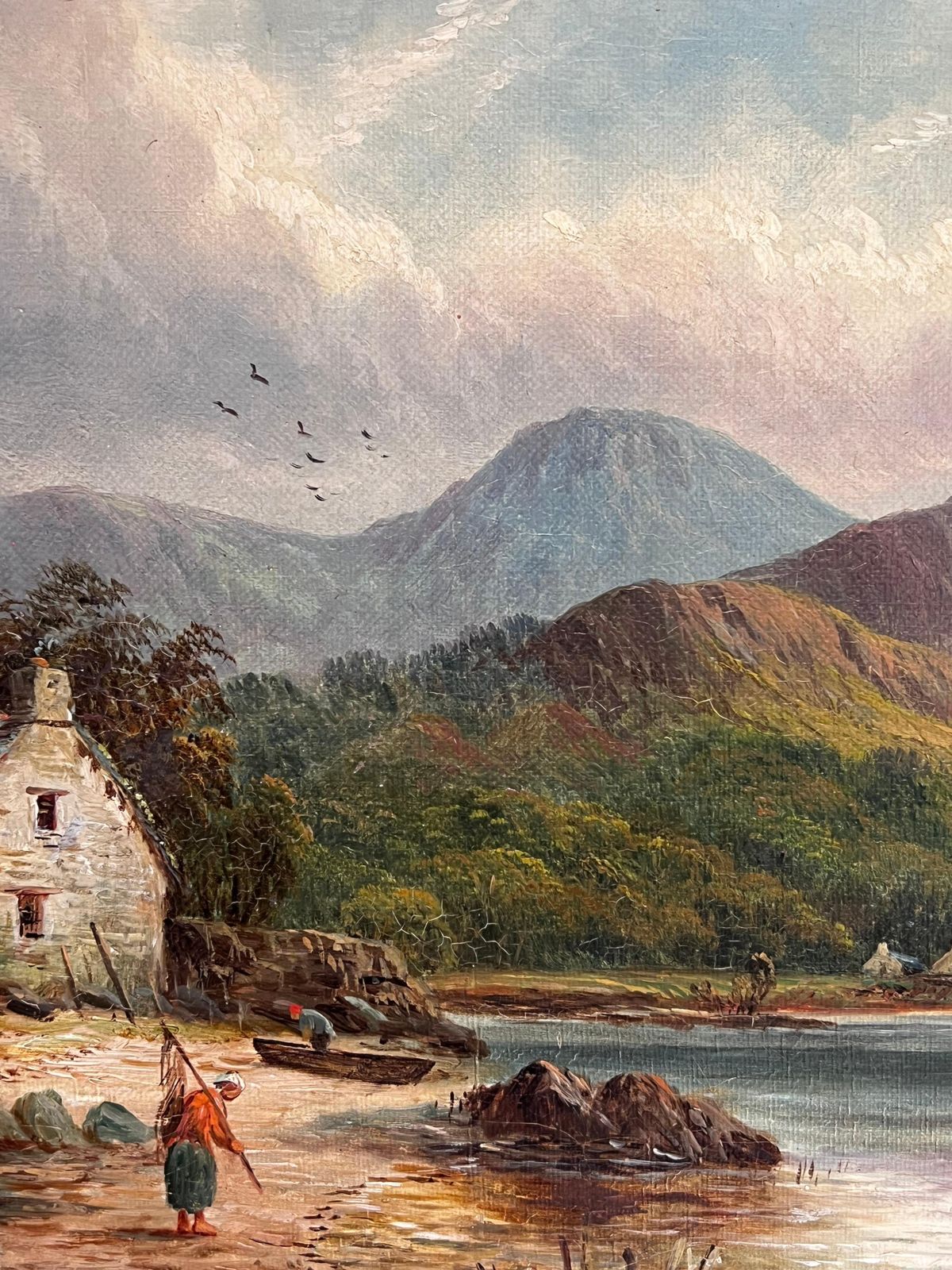 British School Victorian Signed Oil Painting Figure By Highland Cottage & Loch In Mountains photo for sale