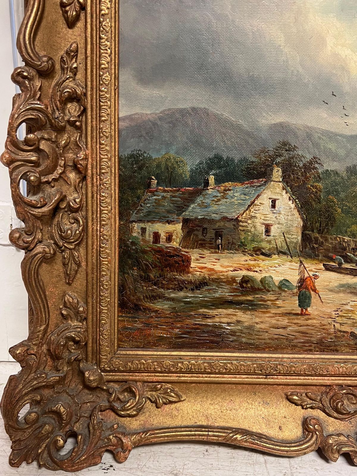 British School Victorian Signed Oil Painting Figure By Highland Cottage & Loch In Mountains photo buy
