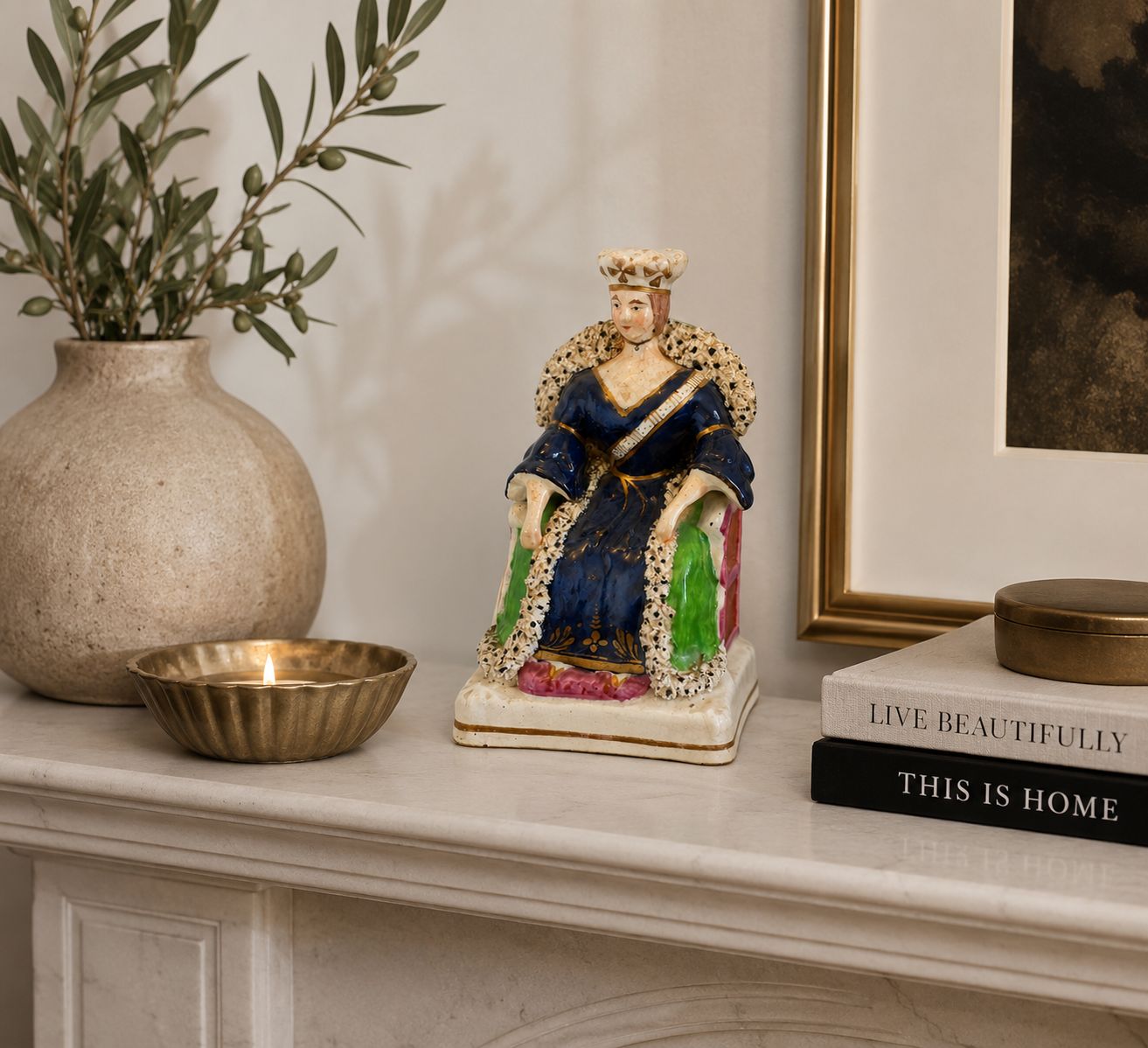 Antique Staffordshire Queen Victoria Figure Flatback Seated Ceramic Ornament Crown Cobalt Blue photo furniture