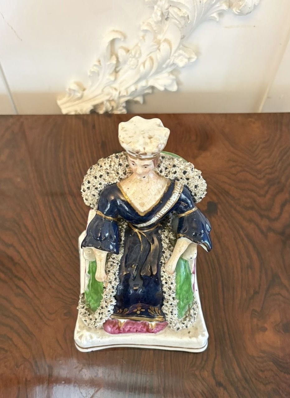 photo furniture Antique Staffordshire Queen Victoria Figure Flatback Seated Ceramic Ornament Crown Cobalt Blue