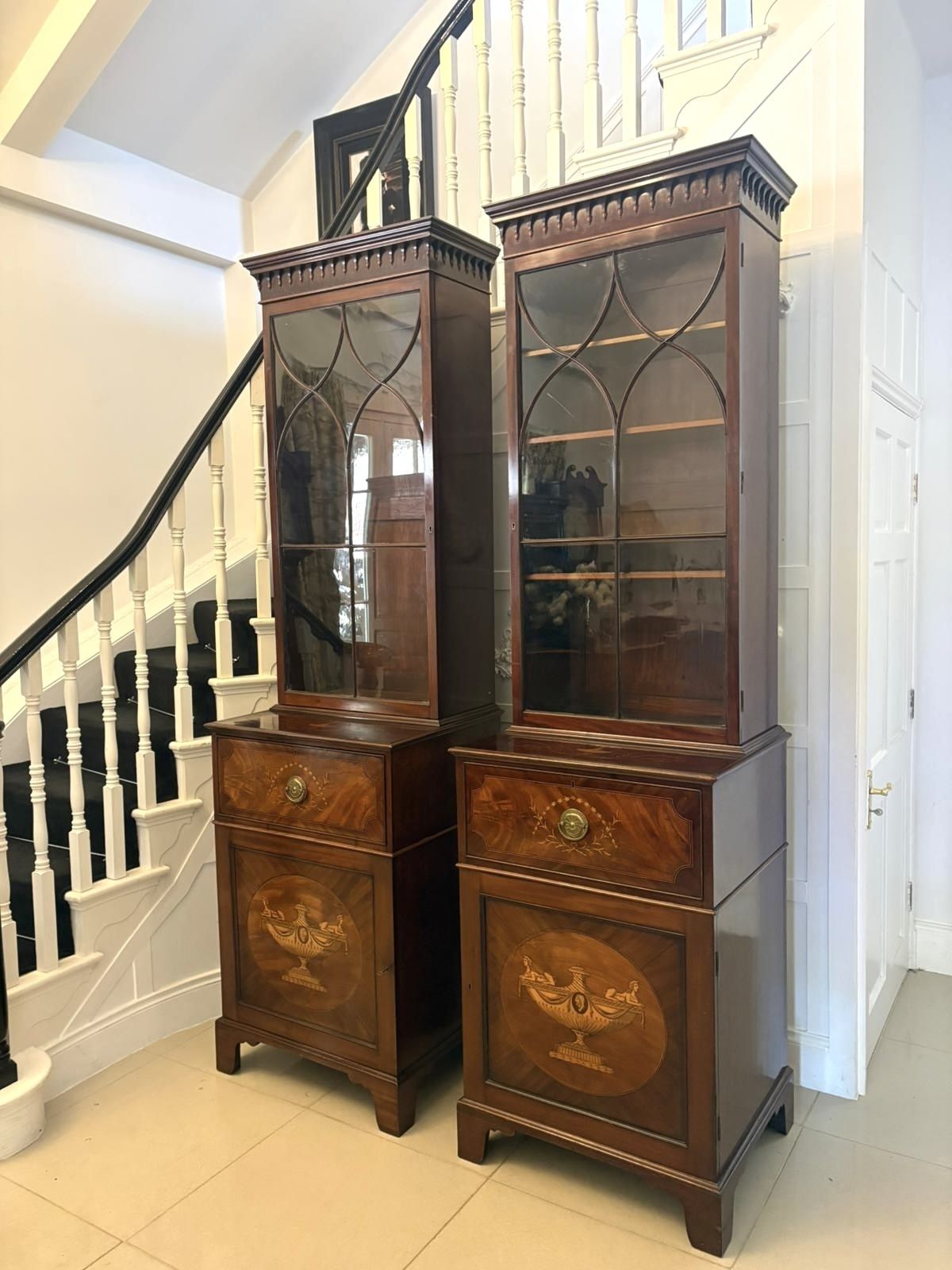 Antique Pair 19th Century Mahogany Inlaid Astragal Glazed Library Bookcases photo for sale
