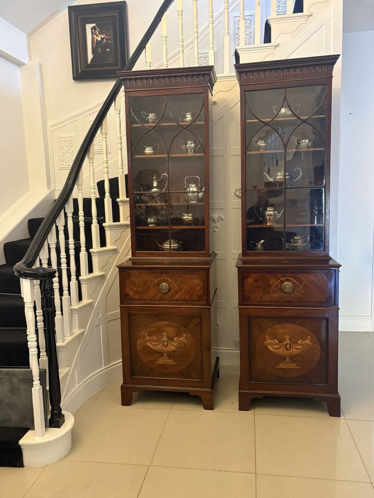 Antique Pair 19th Century Mahogany Inlaid Astragal Glazed Library Bookcases photo 11800.0