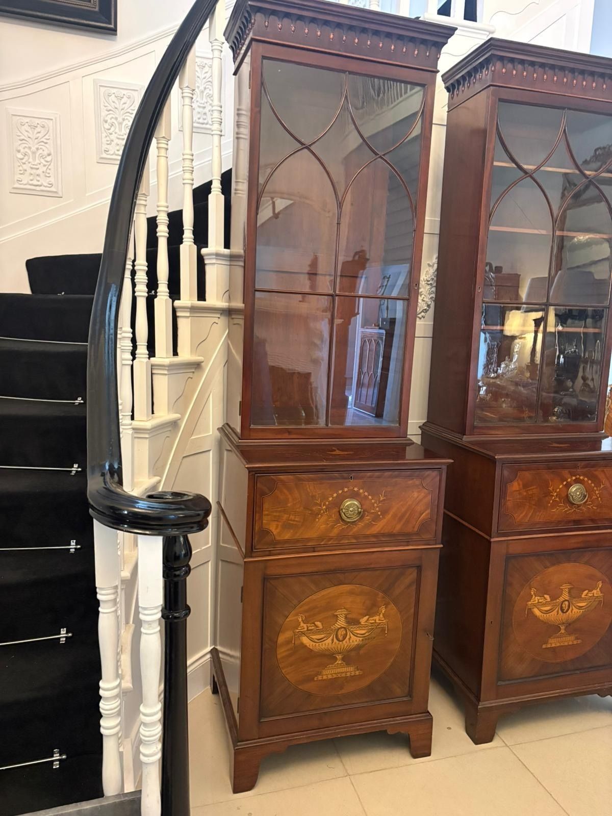 photo vintage Antique Pair 19th Century Mahogany Inlaid Astragal Glazed Library Bookcases