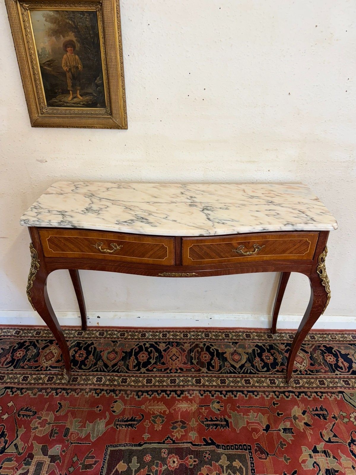 French Kingwood And Gilt Marble Top Two Drawer Console Table Circa 1950 photo for sale