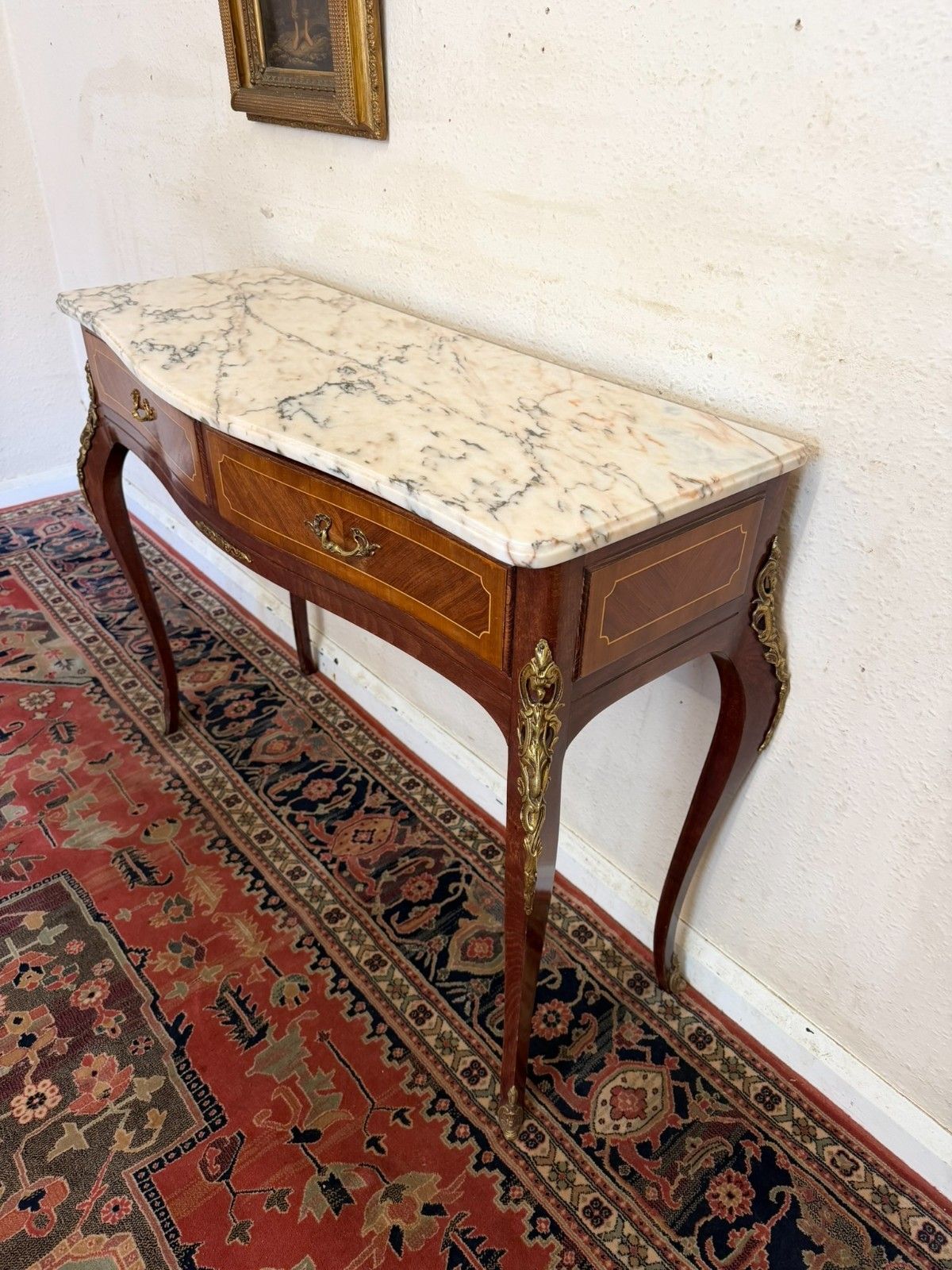 French Kingwood And Gilt Marble Top Two Drawer Console Table Circa 1950 photo vinterior