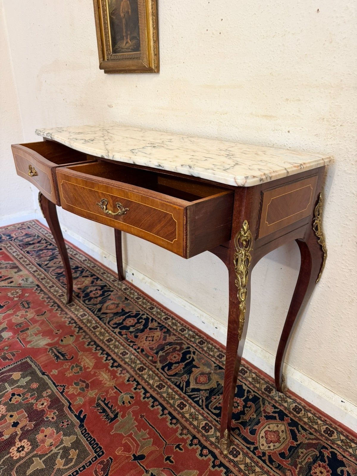 French Kingwood And Gilt Marble Top Two Drawer Console Table Circa 1950 photo buy