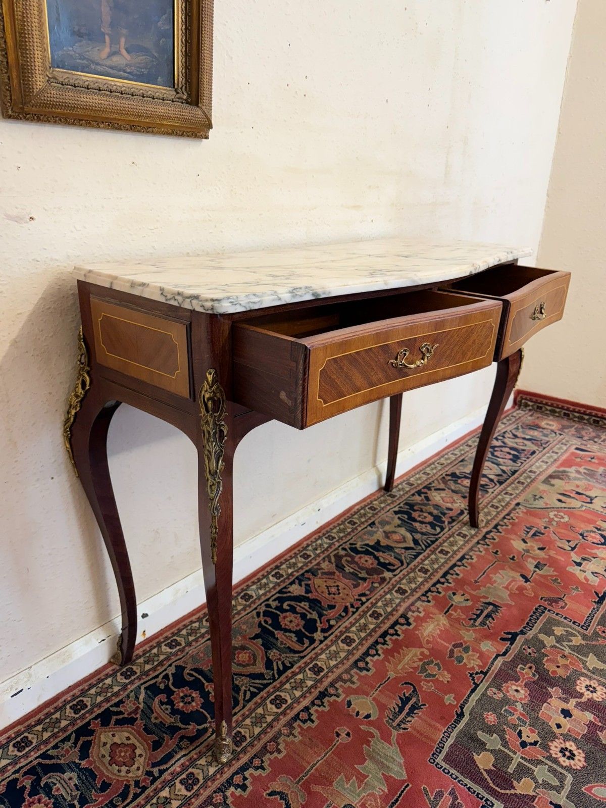 photo furniture French Kingwood And Gilt Marble Top Two Drawer Console Table Circa 1950