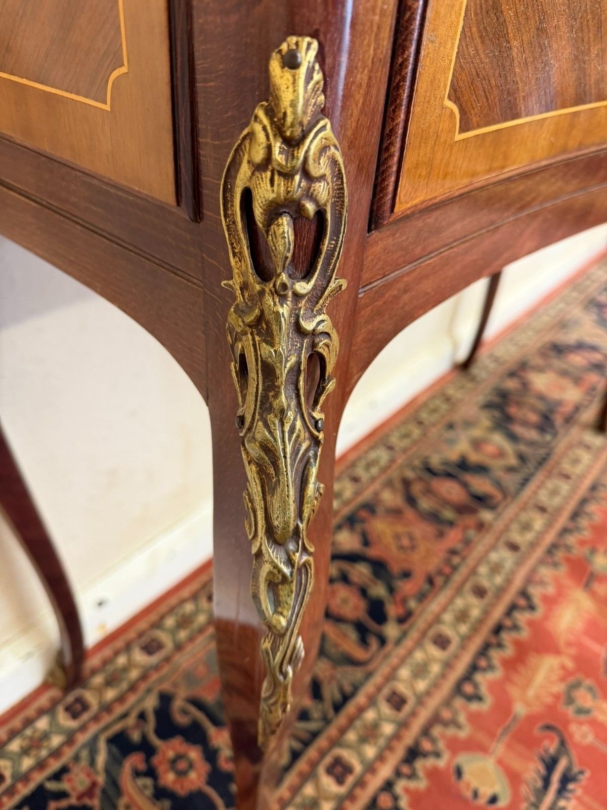 photo vintage French Kingwood And Gilt Marble Top Two Drawer Console Table Circa 1950