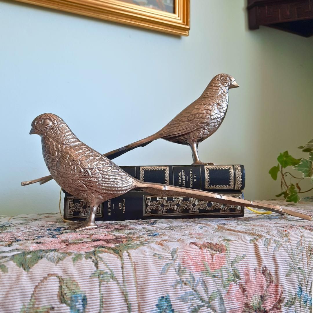 Large Mid Century Silver Tone Pheasants Figures Pair C 1970's. French Country Style Birds