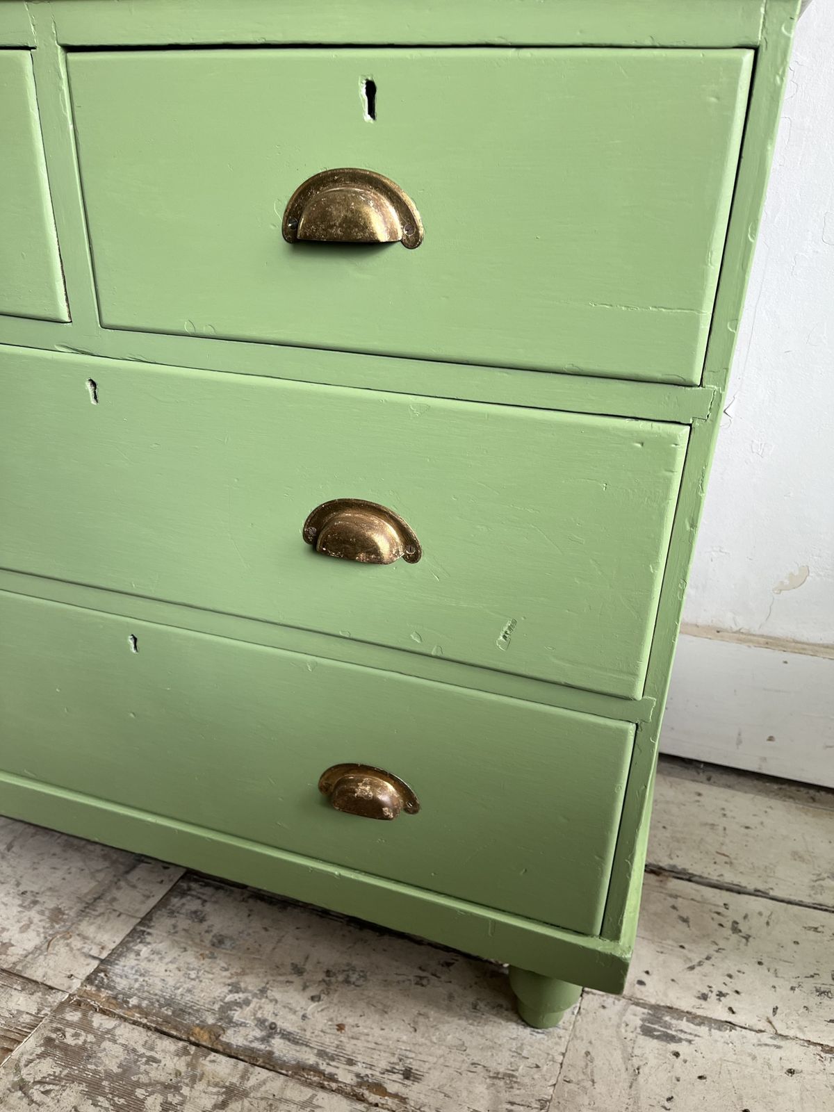 Small Victorian Green Painted Chest Of Drawers With Brass Cup Handles photo vintage