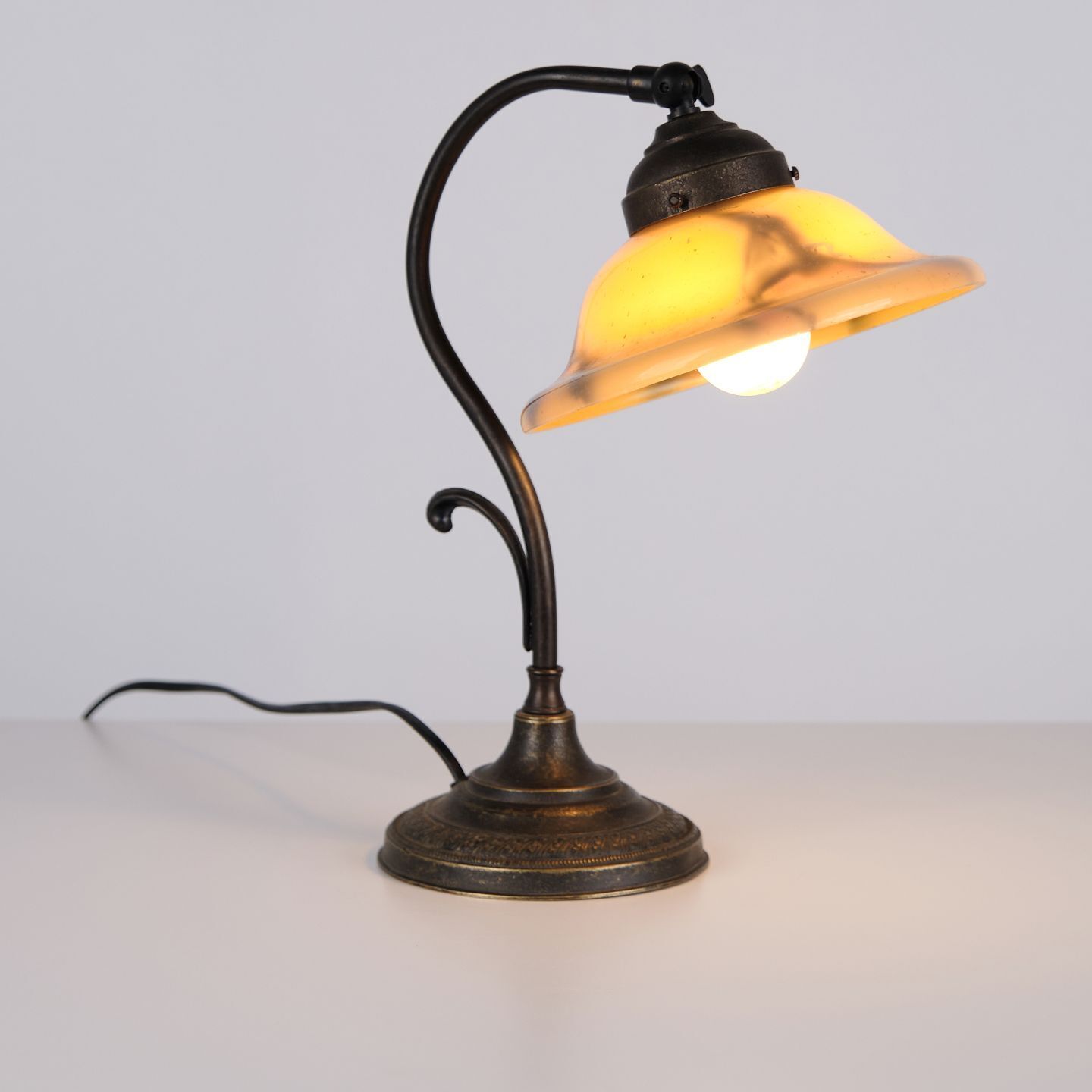 Antique Desk Lamp In Wrought Iron With Yellow Frosted Glass Shade In Art Nouveau Style