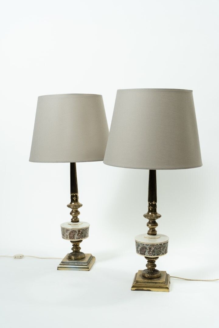 Pair Of Neoclassical Style Table Lamps, Combining Copper And Porcelain