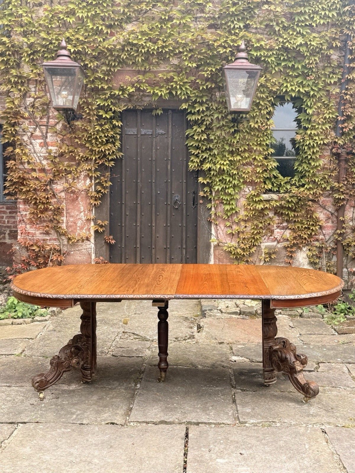 Rare French Antique Carved Oak Henri II Extending Split Pedestal Dining Table photo furniture