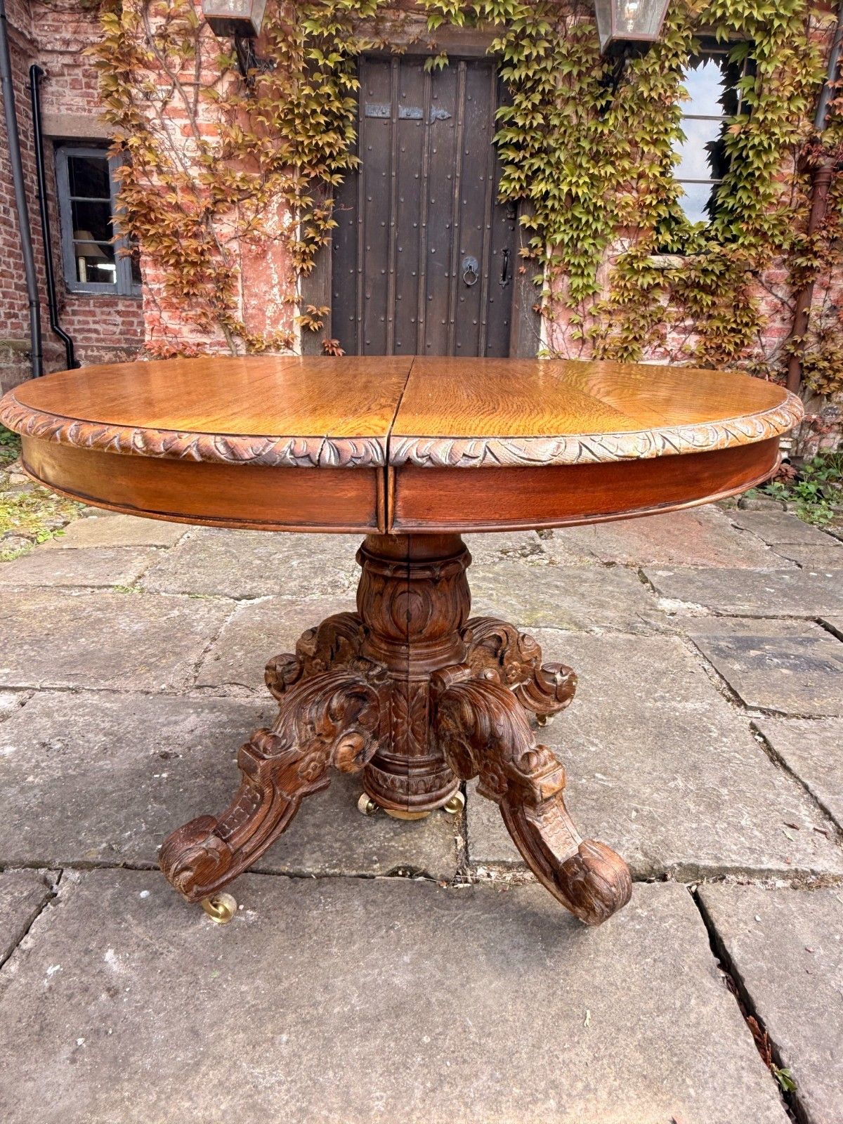 photo vinterior Rare French Antique Carved Oak Henri II Extending Split Pedestal Dining Table