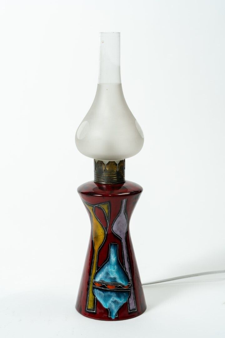 Italian Enameled Ceramic Table Lamp From San Marino By Augusto Giulianelli – Hand Painted With Stylized Motifs (Italy, 1960s–1970s)