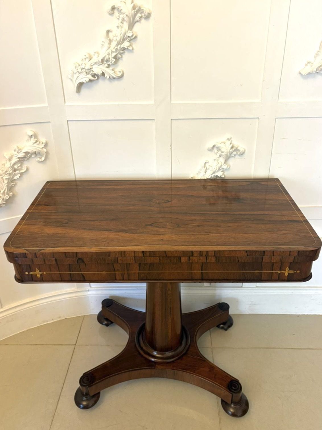 Antique 19th Century Rosewood Brass Inlaid Card Table Fold Over Top photo for sale