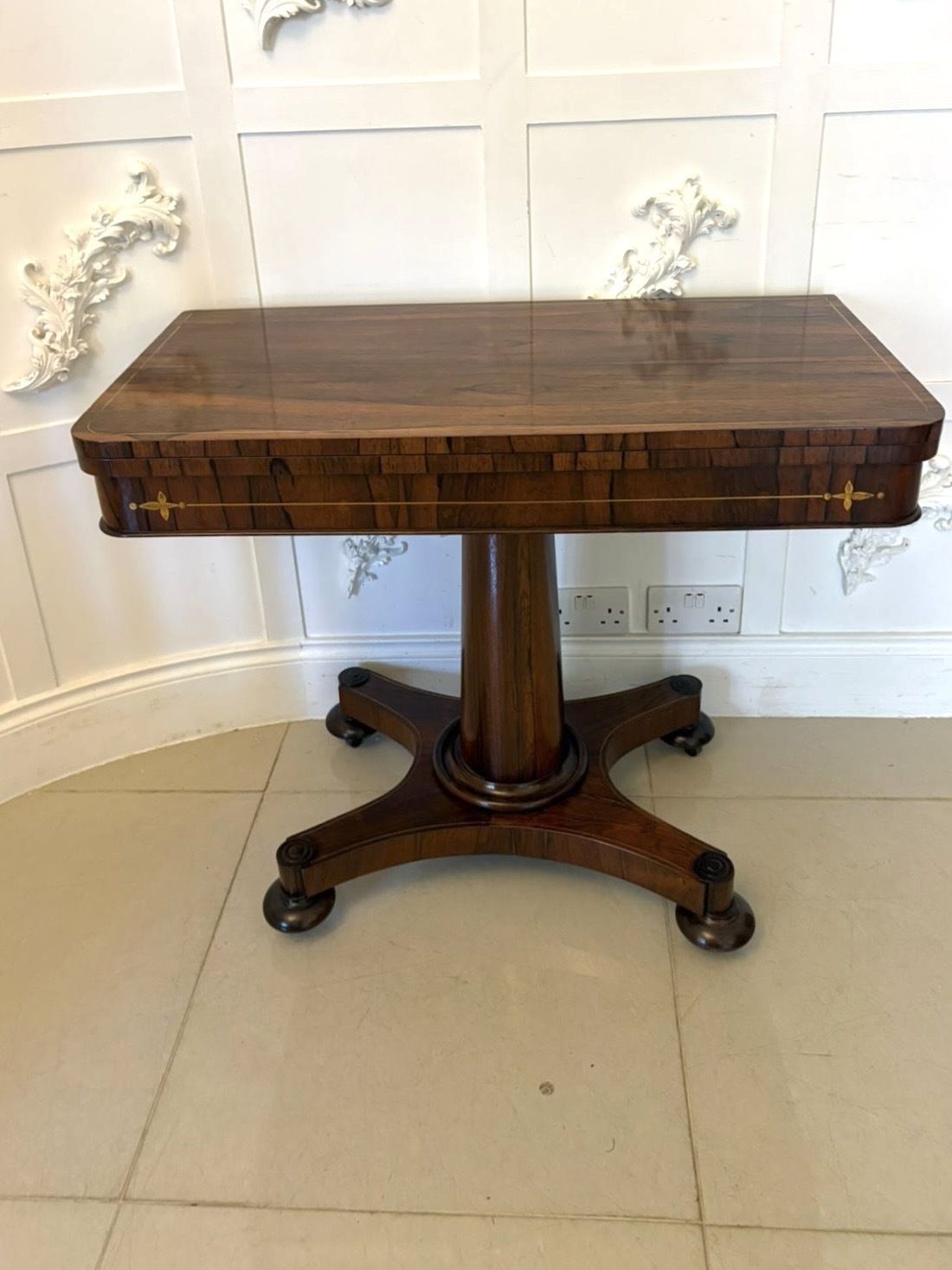 Furniture Antique 19th Century Rosewood Brass Inlaid Card Table Fold Over Top photo