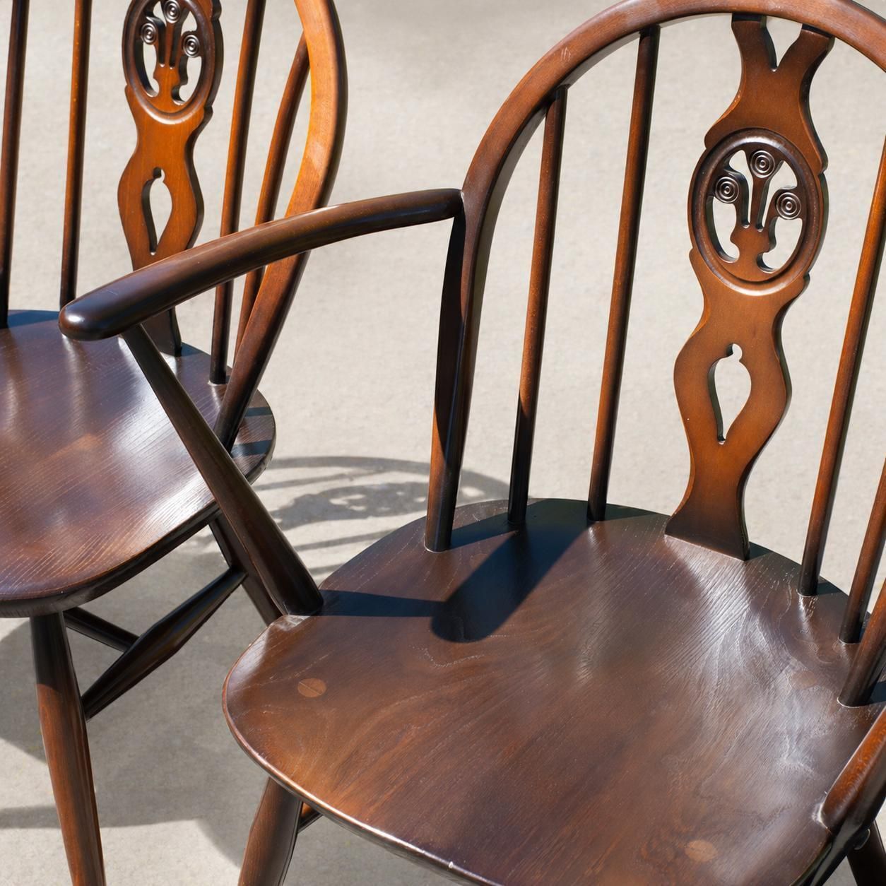 Vintage Ercol Fleur De Lys Dining Chairs | Dark Brown Elm | Model 371 Chairs 1970s Mid Century photo for sale