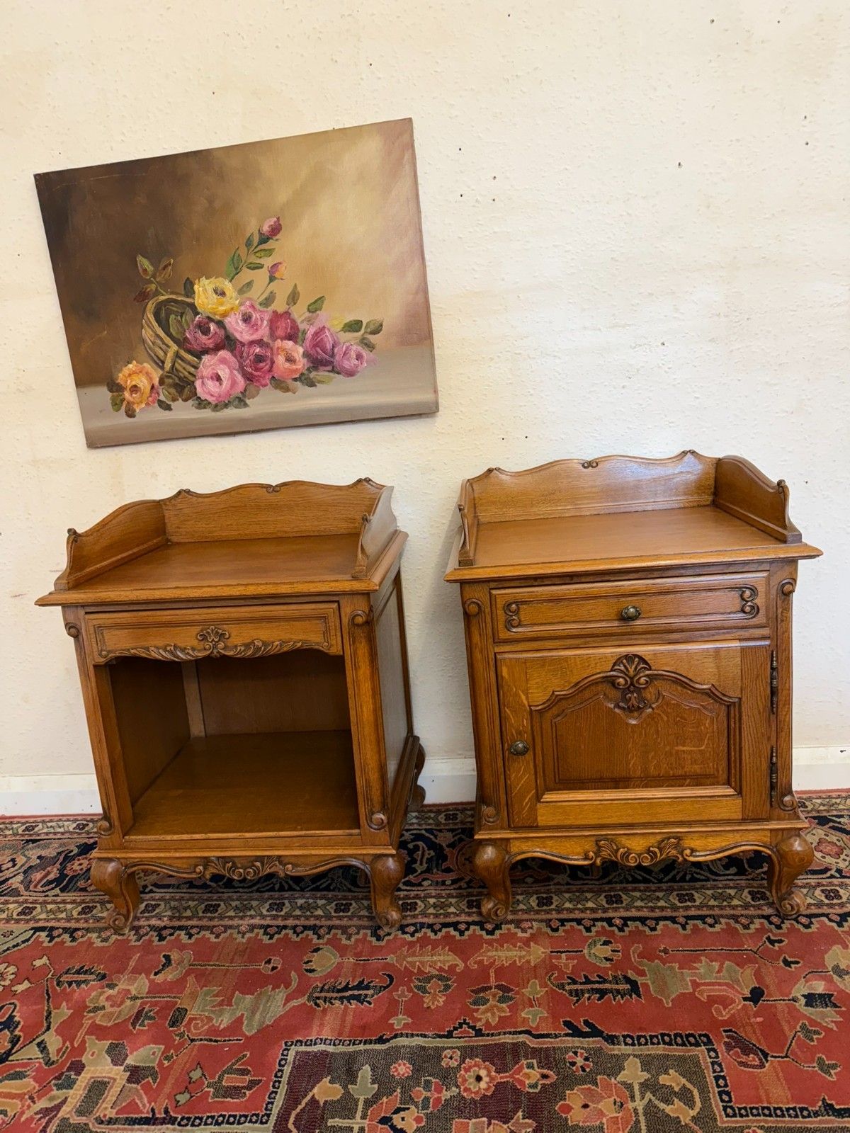 Pair Of French Carved Oak His & Hers Bedside Cabinets Circa 1950 photo for sale