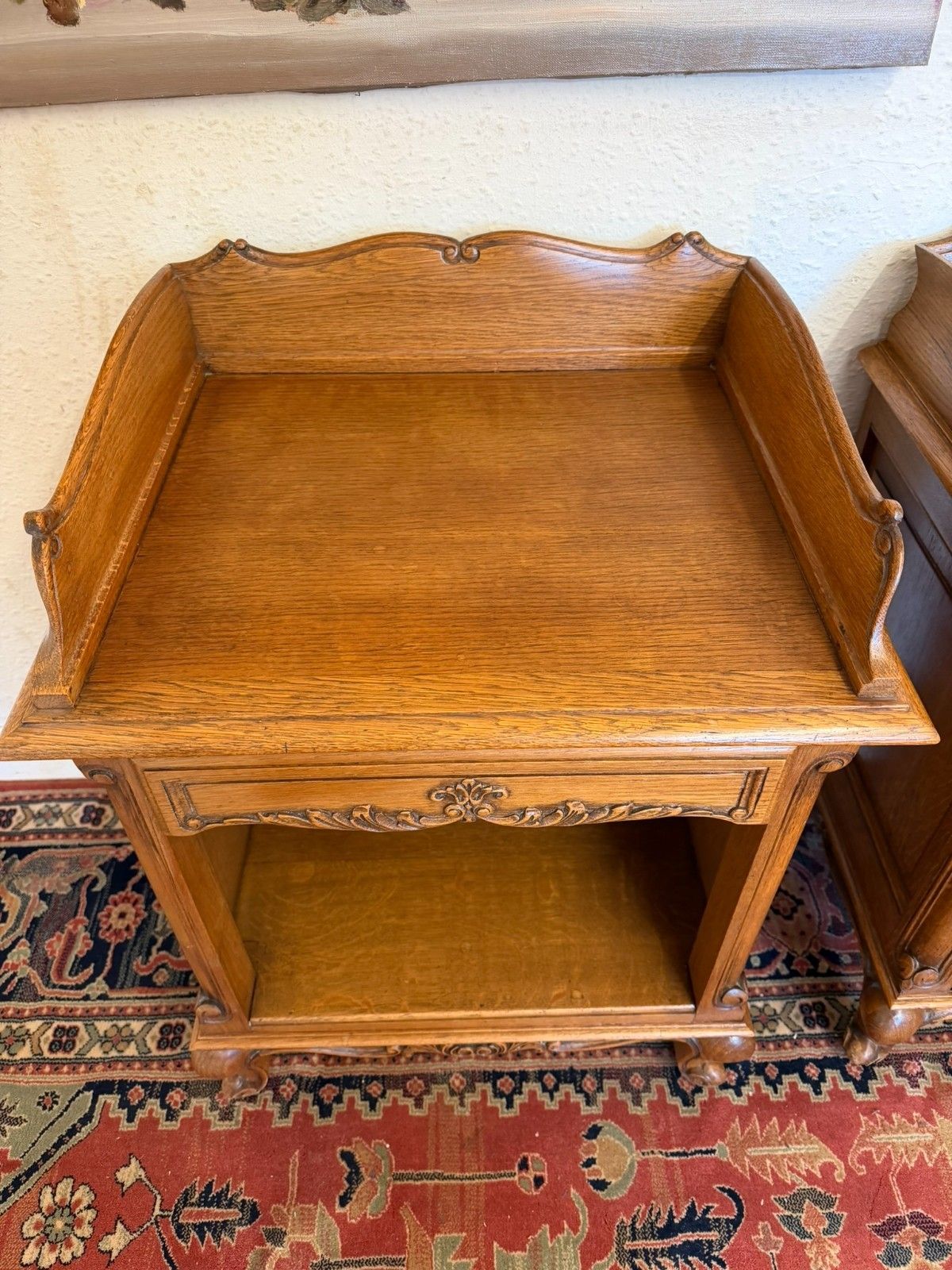 Pair Of French Carved Oak His & Hers Bedside Cabinets Circa 1950 photo vinterior