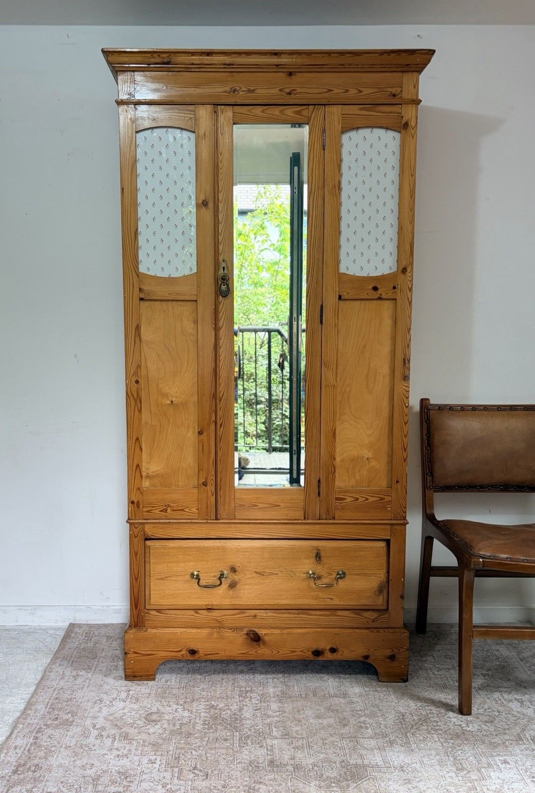 Antique Edwardian Pine Wardrobe Mirrored Armoire Hall Robe Vintage Dresser Drawe photo 315.0
