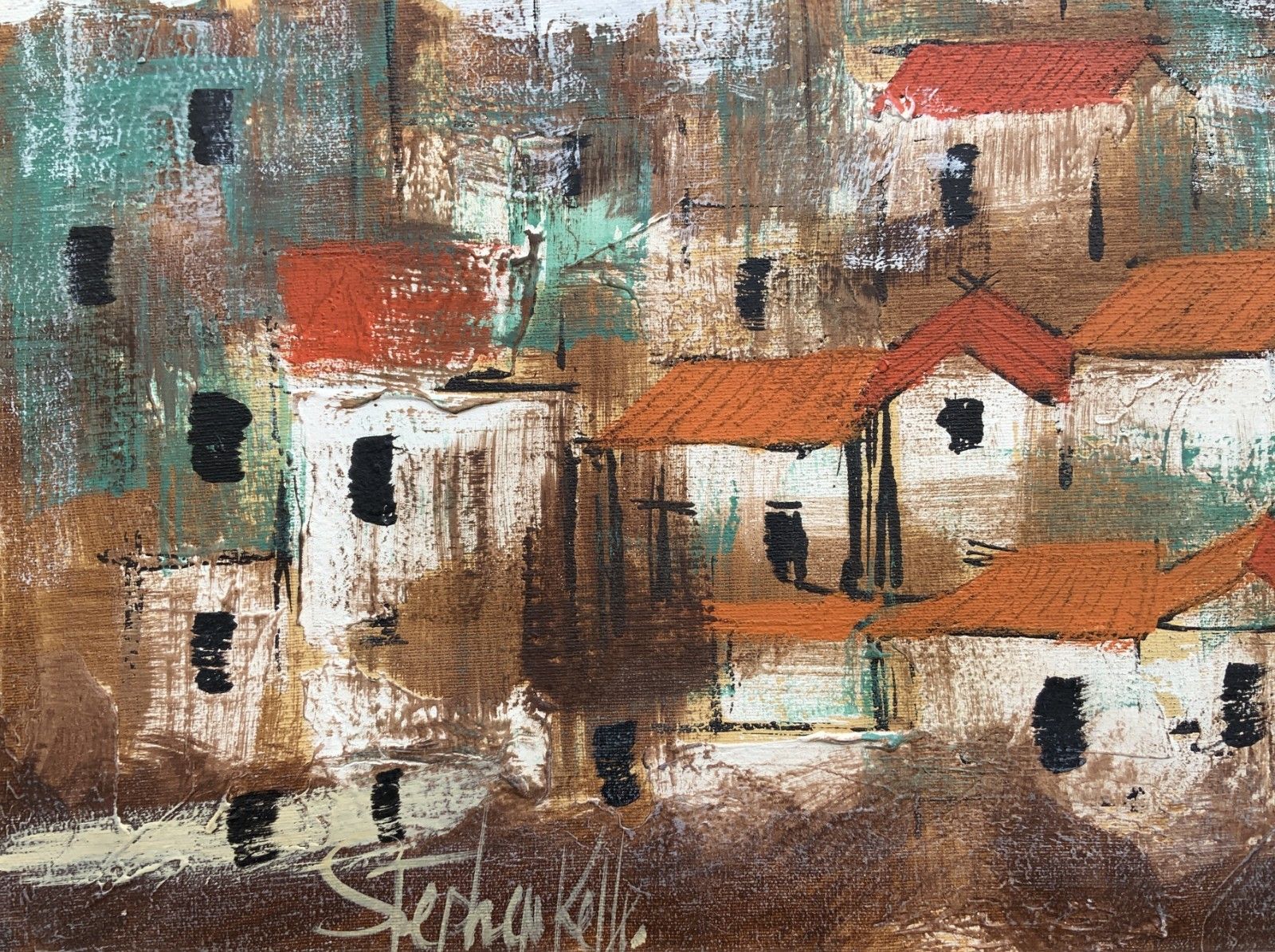 Art Beautiful 20th Century Vintage Abstract Cityscape Oil & Impasto Painting photo