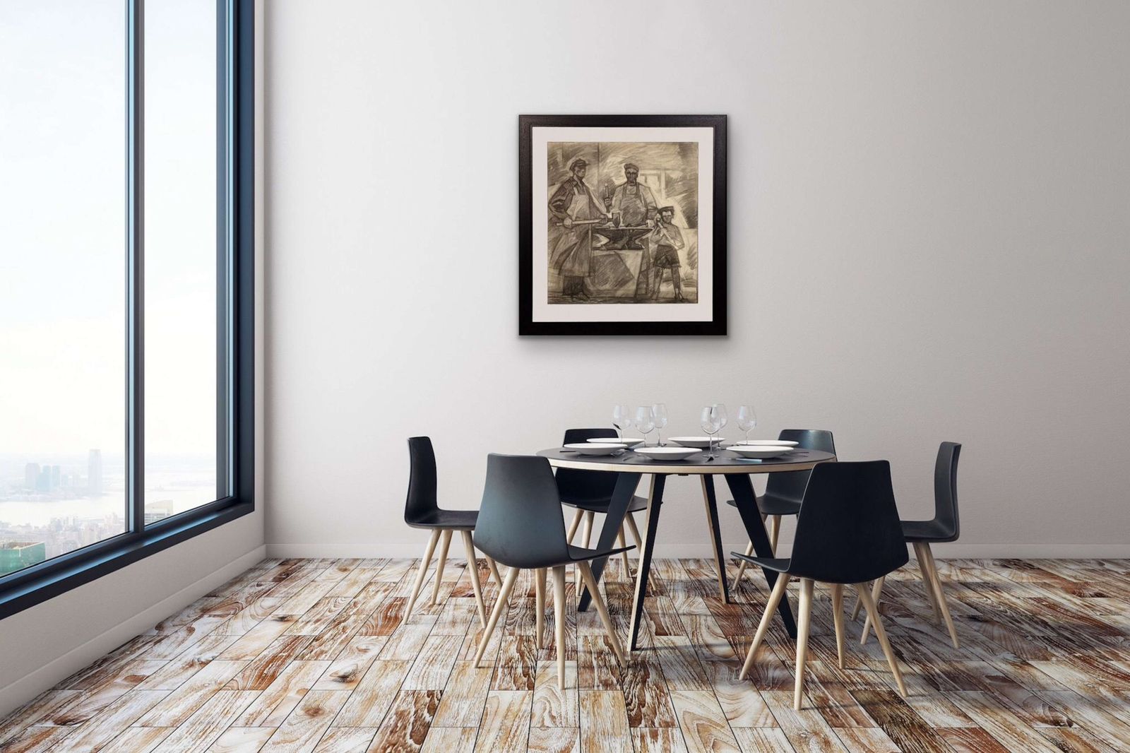 photo vinterior Mid 20th Century Soviet Ukraine Era. Framed Charcoal 1960s Political Drawing Three Generations Of Steel Factory Workers