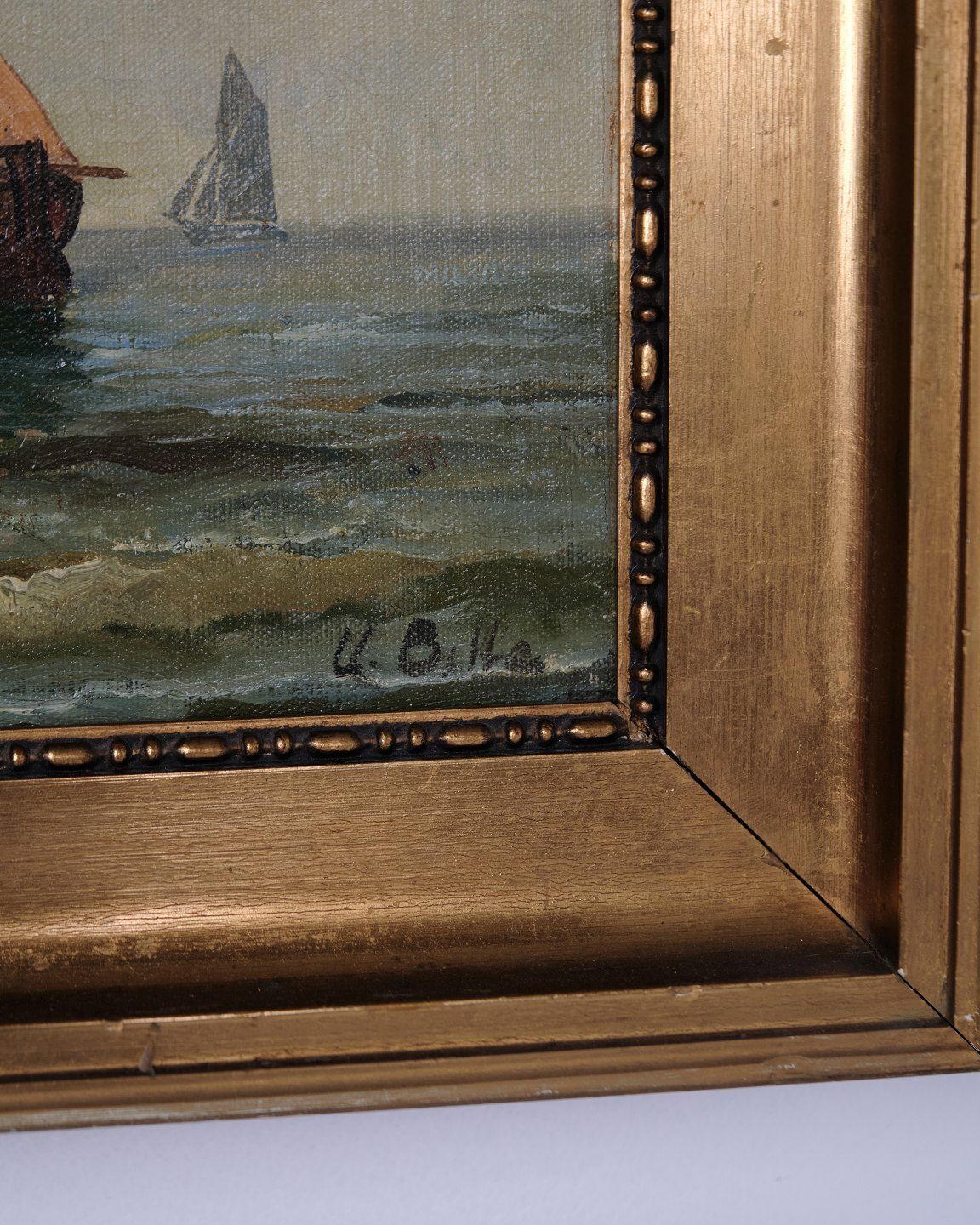 Marine Painting With Sailing Ship In Gilt Frame From The 1890s photo Art
