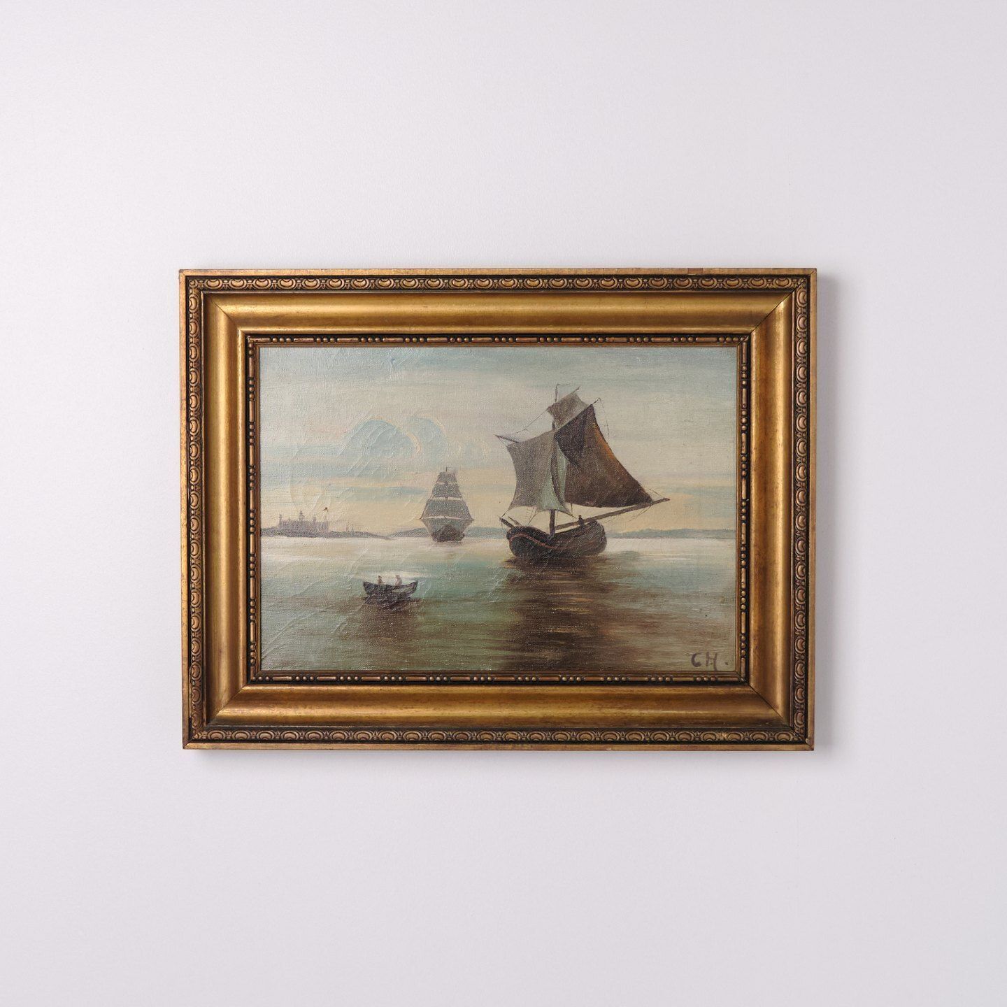 Marine Painting With Three Sailing Ships Near Kronborg Castle In Gilt Frame From The 1890s