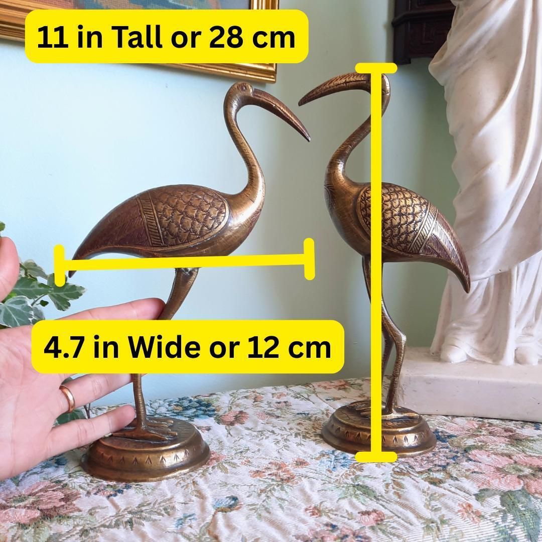 11'' Large Mid Century Indian Engraved Brass Stork Birds Figures Pair 28 Cm Tall, Large Brass Animal Decor. photo for sale