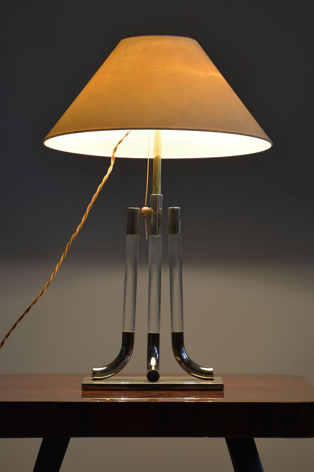 Restored Mid Century Table Lamp, Chrome Plated Steel, Glass, Italy, 1970s photo buy