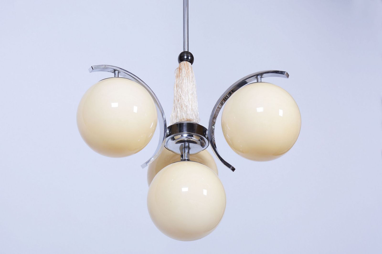 Restored Bauhaus Chandelier, Chrome Plated Steel, Opaline Glass, Czech, 1920s photo furniture