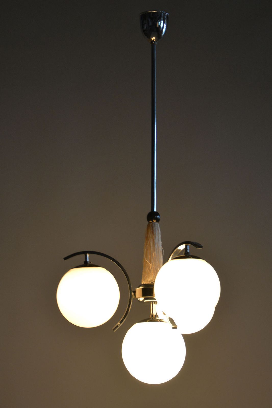 photo furniture Restored Bauhaus Chandelier, Chrome Plated Steel, Opaline Glass, Czech, 1920s