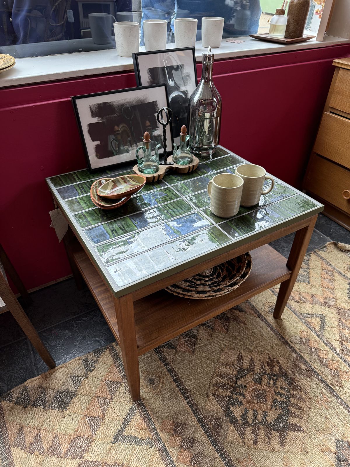 Mid Century Coffee Table With Hand Tiled Emerald Green Moroccan Top — One Of One
