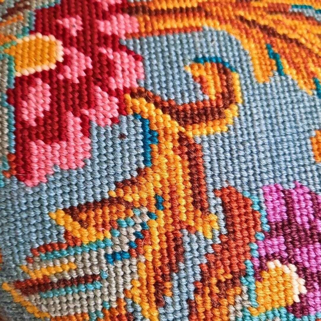 Vintage Needlepoint Jacobean Style Floral Round Pillow Cushion Velvet Back 17'' D photo 66.0