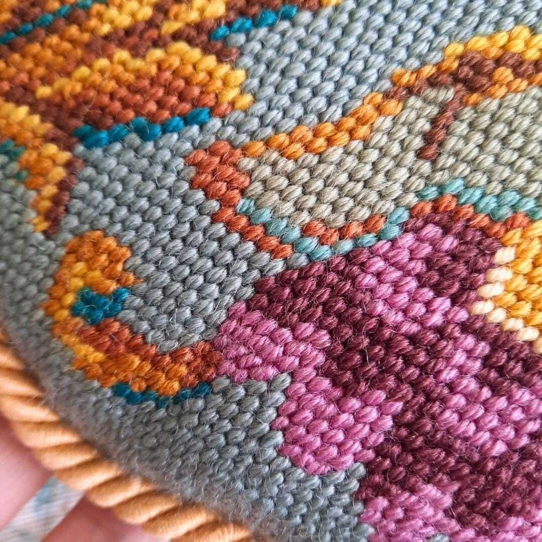 Vintage Needlepoint Jacobean Style Floral Round Pillow Cushion Velvet Back 17'' D photo buy