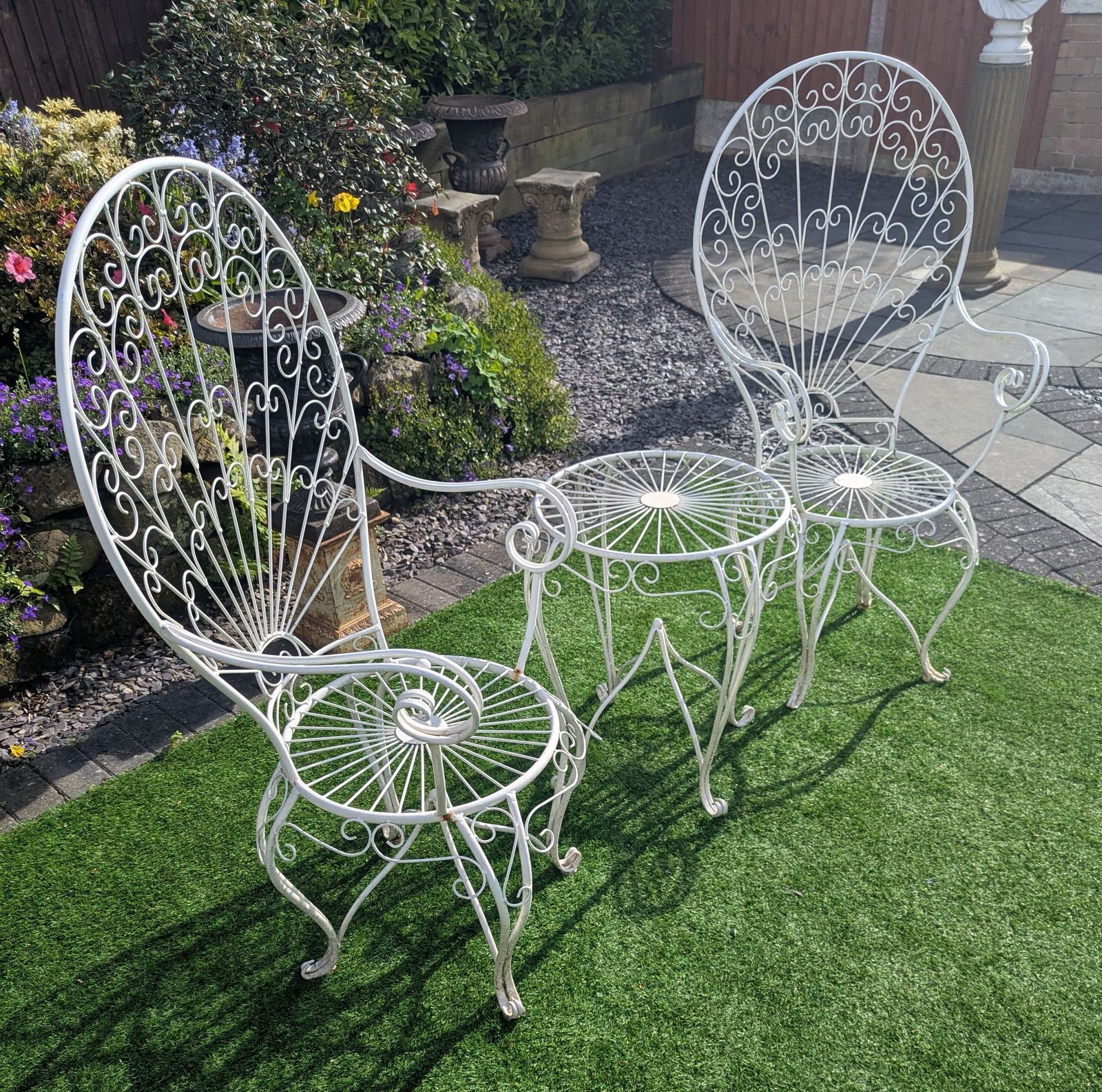 Vintage Peacock Metal Patio Set Scrolling Pierced Detail Delivery Available 0323 photo Garden Furniture