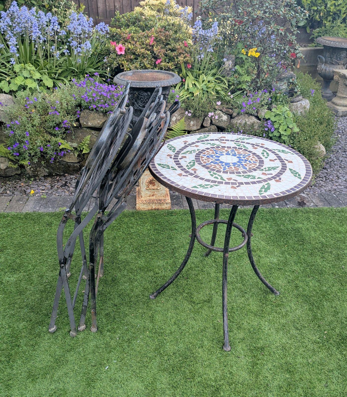 Vintage Metal Bistro Set With Mosaic Detail Delivery Available 0322 photo Garden Furniture