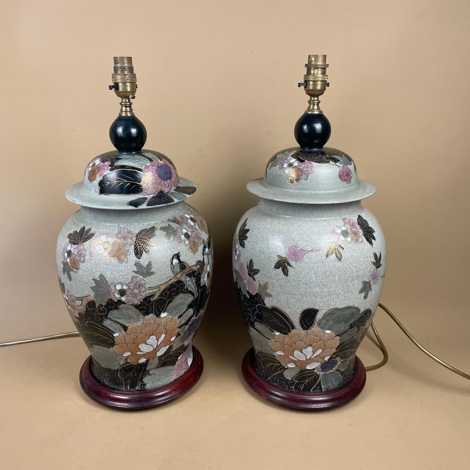 Pair Of Large Oriental Antique Ceramic Lamp Light Bedside Table Hand Painted Floral Design Wood Base Chinese Vase Vintage Brass Ginger Jar