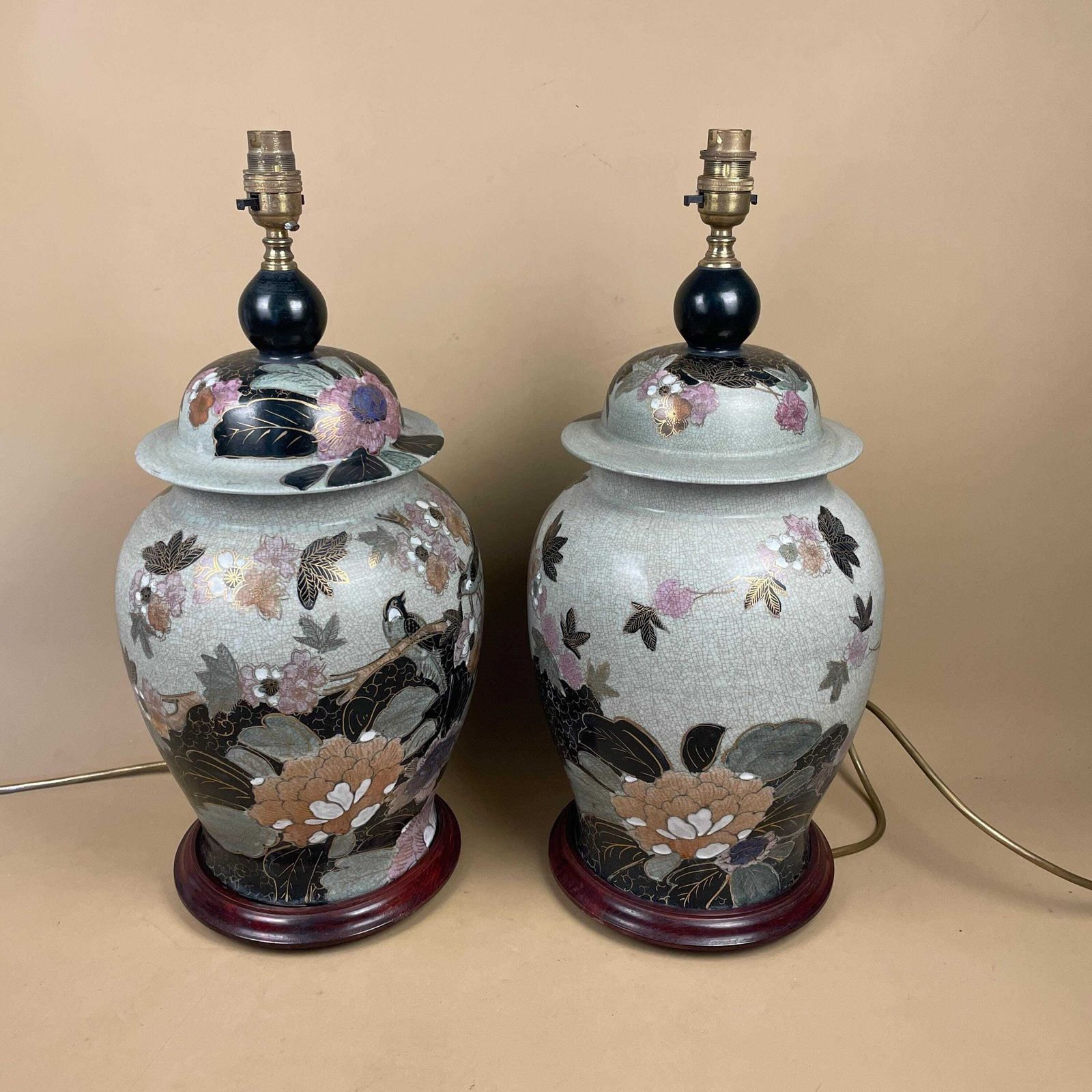 Pair Of Large Oriental Antique Ceramic Lamp Light Bedside Table Hand Painted Floral Design Wood Base Chinese Vase Vintage Brass Ginger Jar photo vinterior