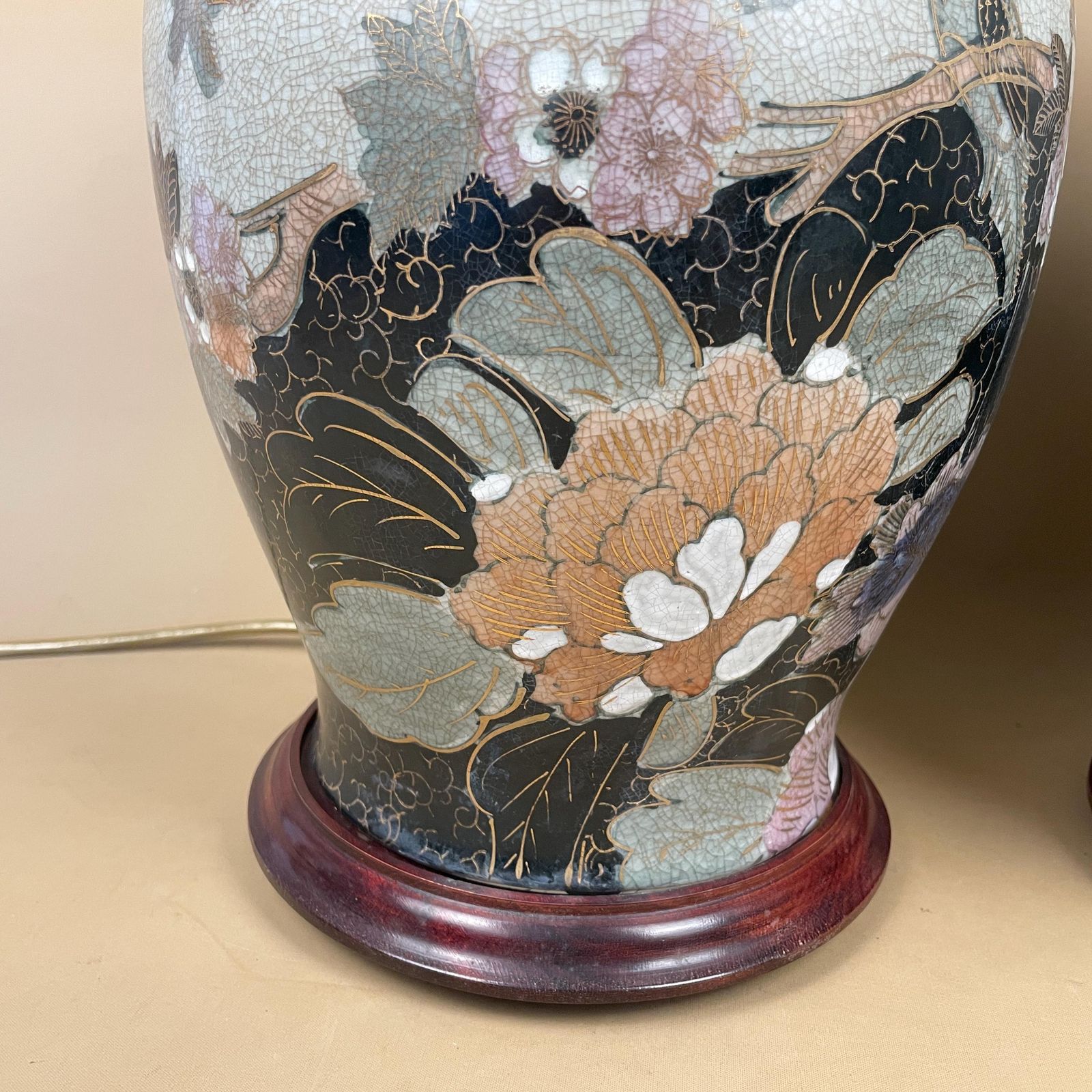 Pair Of Large Oriental Antique Ceramic Lamp Light Bedside Table Hand Painted Floral Design Wood Base Chinese Vase Vintage Brass Ginger Jar photo vintage