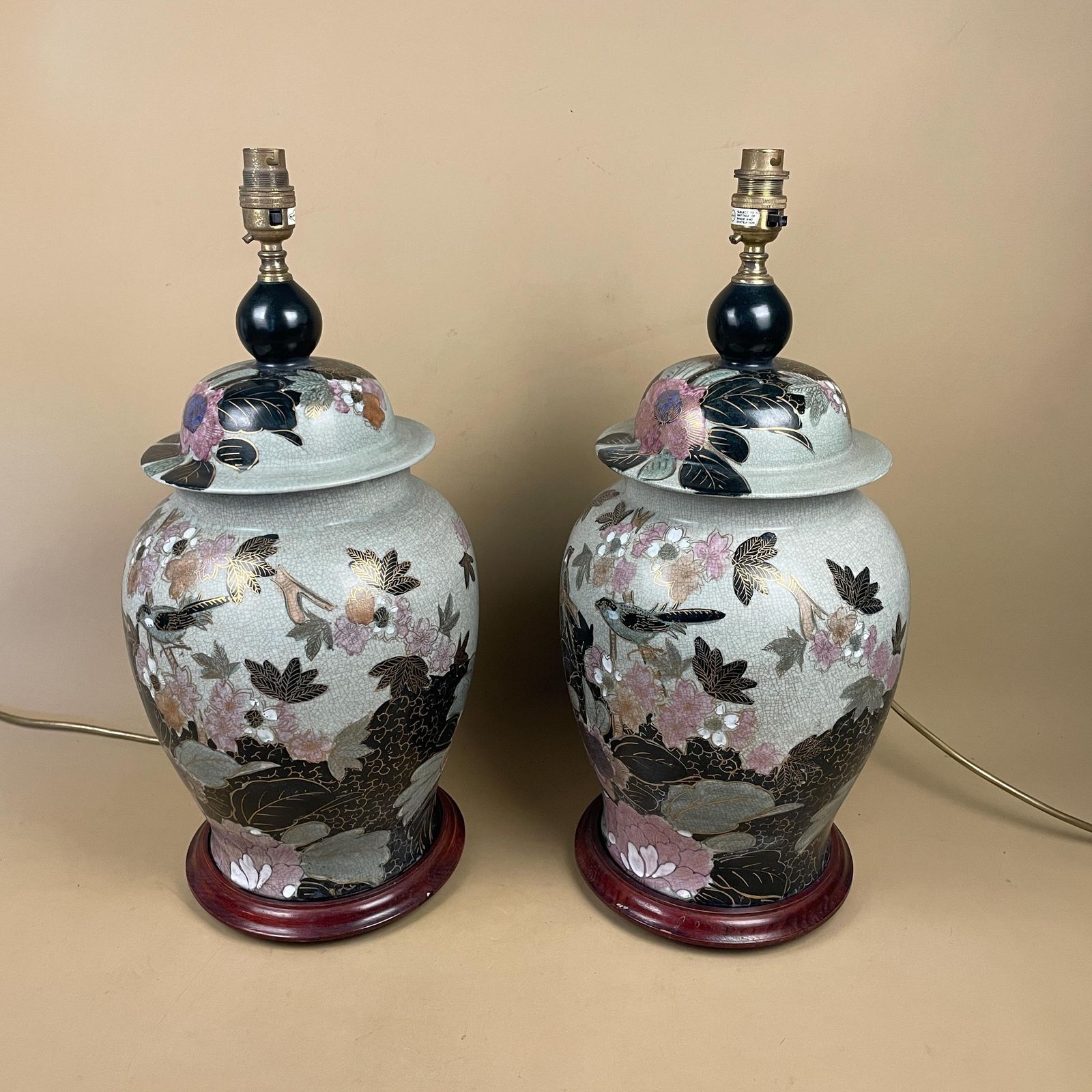 photo for sale Pair Of Large Oriental Antique Ceramic Lamp Light Bedside Table Hand Painted Floral Design Wood Base Chinese Vase Vintage Brass Ginger Jar