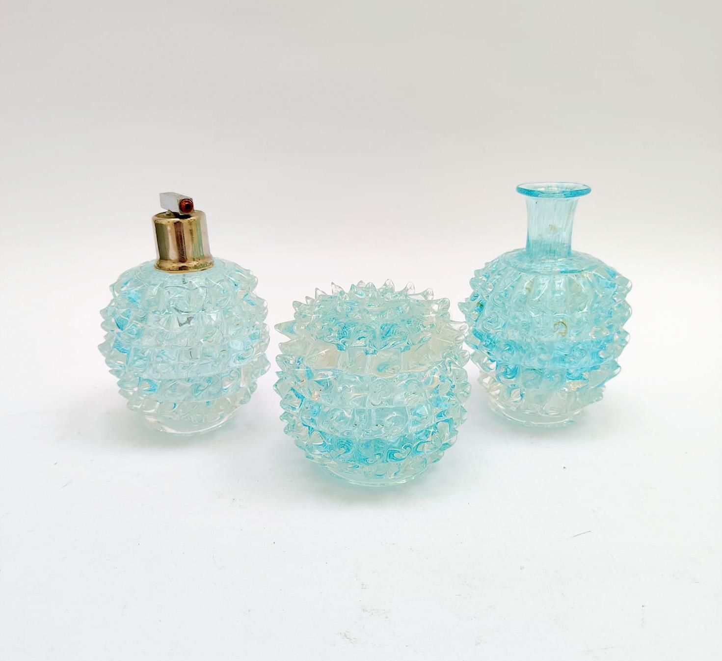 Set Of 3 Murano Glass Perfume Jars, Acquamarina Rostrato, Barovier And Toso, 1950s Vintage Design