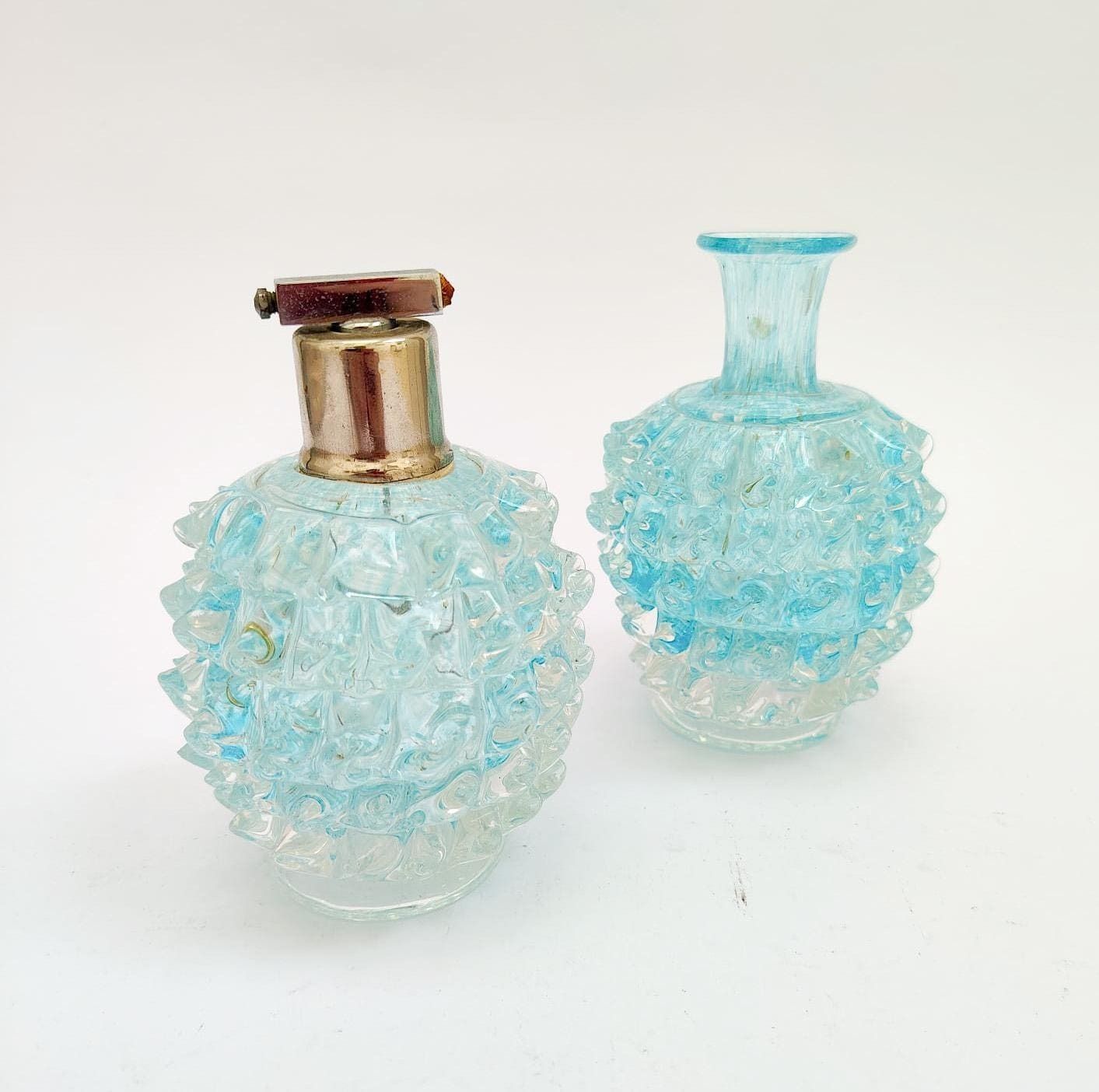 photo for sale Ensemble de 3 flacons à parfum en verre de Murano, Acquamarina Rostrato, Barovier and Toso, design vintage années 1950