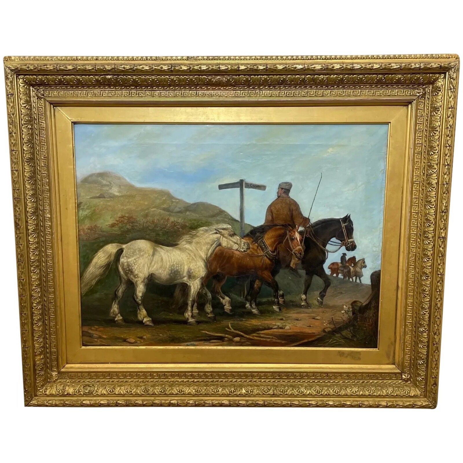 19th Century Equestrian Oil Painting Horses On The Road To Chester Signed By Edward Lloyd Ellesmere Gilt Framed