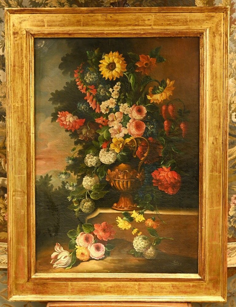 Flemish Oil Painting Floral Still Life Antique Art 1900 photo furniture