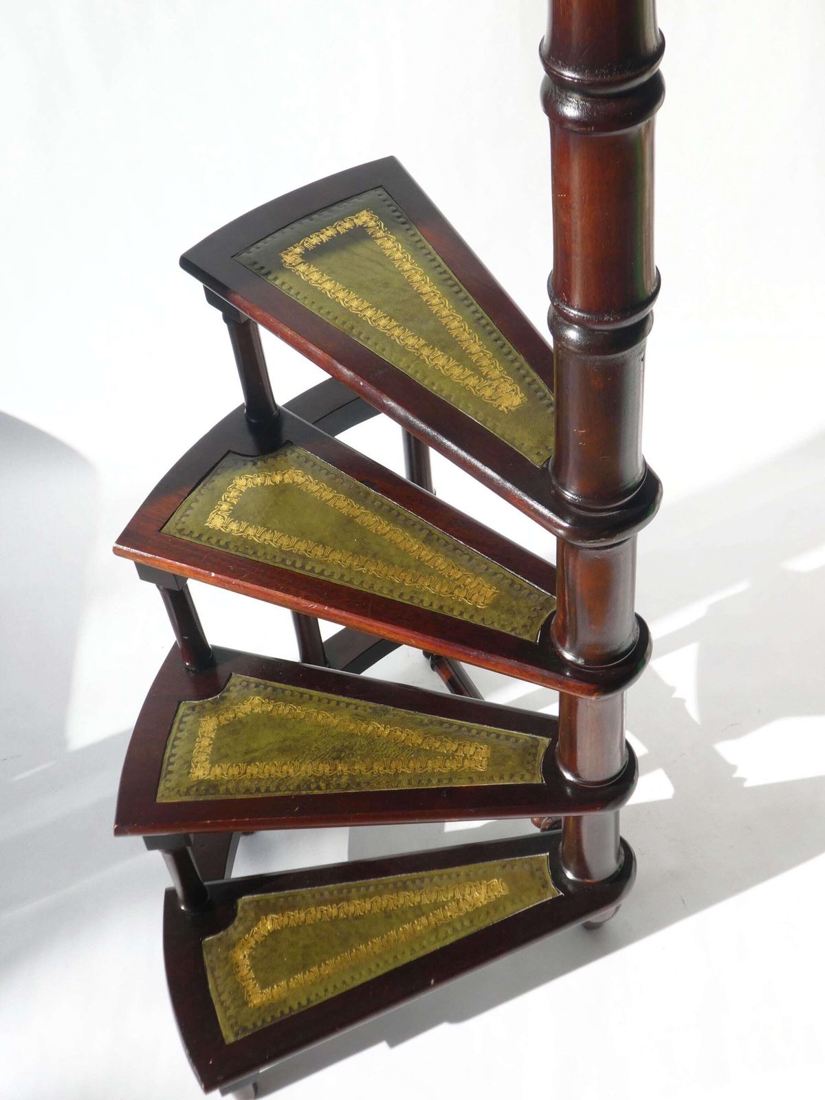 Victorian Wooden Library Stairs Green Leather, Large 50's Spiral Bookcase Ladder, Mahogany Steps photo for sale